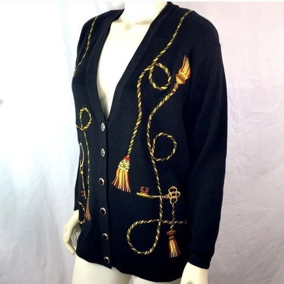 Vtg 90s Cardigan Black Sweater W/ Rope & Keys maximalist Embroidered Design Sz M - Picture 3 of 11